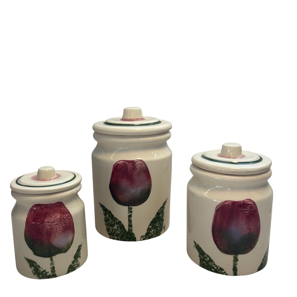Hartstone USA VINTAGE Pottery Tulip Canister Set 3 Piece Vintage Stoneware  EUC‎